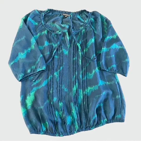 Express Blue Water Print Sheer Blouse - Picture 1 of 8